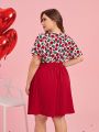 SHEIN Clasi Valentine's Day Plus Size Floral Print Dress With Ruffle Sleeves And Waist Belt Red Dress