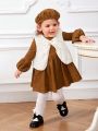 SHEIN Baby Girl Lantern Sleeve Dress & Bow Front Vest Jacket