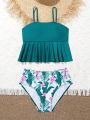 Teenage Girls' Tropical Print Splice Halterneck Bikini Top & Vest Style Bottom Set