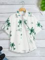 SHEIN Kids SUNSHNE Boys' Tropical Palm Tree Printed Button Down Loosen Woven Shirt With Turn-Down Collar For Summer Vacation