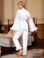 Mesh Ruffle Trimmed Sleeve Cuff Stripe Pajama Set