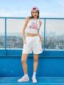 Street Sport Heart Embroidery Patchwork Slanted Pocket Athletic Shorts