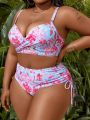 SHEIN Swim Vcay Women's Plus Size Floral Print Cross Cami Bikini Swimsuit Set
