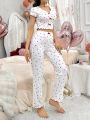 Ladies' Heart Pattern Printed Short Sleeve Long Pant Pajamas Set