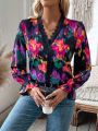 SHEIN LUNE Tie-dye Lace Patchwork V-neck Blouse