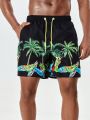 Men'S Coconut Tree & Cartoon Printed Beach Shorts With Slanted Pockets