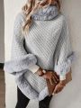 SHEIN Essnce Furry Patchwork Batwing Sleeve Sweater