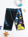 Tween Boy's Cartoon & Letter Print Swim Trunks