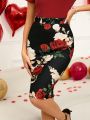 EMERY ROSE Valentine's Day Elegant Rose Print Bodycon Midi Skirt For Women