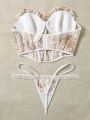 Floral Embroidered Frilled Fake Button Tube Underwire Lingerie Set