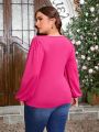 SHEIN Clasi Plus Size Women'S Lace Patchwork Lantern Sleeve Rose Red T-Shirt