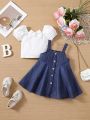 SHEIN Baby Girls' Casual Short Sleeve Top With Bow Decoration And Denim Effect Dress Set