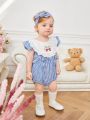 Baby Girl'S Blue Plaid Romper With Embroidered Floral Detail And Hairband