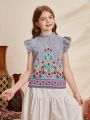 SHEIN Kids Nujoom Girls' Casual And Fit Flower Print Striped Flying Sleeve Shirt With Peter Pan Collar