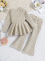 SHEIN Kids CHARMNG Toddler Girls' Long Sleeve Mock Neck Fleece Set With Stripes, Autumn And Winter New Arrivals