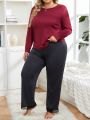 Plus Size Women's Lace Panel Back Short Sleeve T-shirt And Long Pants Pajama Set