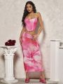 SHEIN BAE Romantic Valentine'S Day Dating Lace Mesh Floral Print Cami Top & High Slit Skirt Glamorous Women'S 2pcs Set