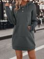 Kangaroo Pocket Lace Patched Drop Shoulder Drawstring Hooded Sweatshirt Dress