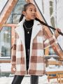 SHEIN Kids Cooltwn Tween Girl Buffalo Plaid Pattern Lapel Collar Coat