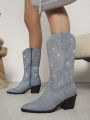 Women's Chunky Heel Short Boots Decorated With Rhinestone