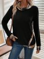 Contrast Plaid Trim Cowl Neck Sweatshirt