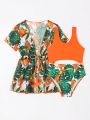 Young Girl Tropical Print Cut Out One Piece Swimsuit With Kimono