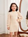 SHEIN Kids KDOMO Young Girl Swiss Dot Lantern Sleeve Mock Neck Dress