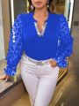 SHEIN Privé Plus Size Long Sleeve Shirt With Sequin And Butterfly Applique Decorated Notched V-neck