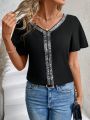 Women's Sparkly Butterfly Sleeve Shirt With Patchwork