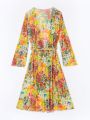 SHEIN Swim Vcay Women's Vintage Belted Kimono With Floral Print