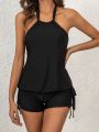 SHEIN Swim Classy Women'S Vest Strap Bikini, Wire-Free, Black, With A Bandage Right-Angle Pant