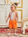 Infant Girls' Geometric Pattern Printed Vest And Belted Shorts Casual Outfits