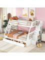 Twin Over Full Solid Construction Bunk Bed with Storage Staircase and 3 Drawers, Wood Bunk Beds Frame with Guardrails and Ladders, Can be Convertible into 2 Beds