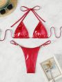 SHEIN Swim Summer Beach Metallic Halter Triangle Bikini Set