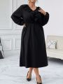 SHEIN Privé Plus Size Solid Colored Lantern Sleeve Dress With Ruffled Hem