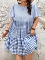 SHEIN CURVE+ Plus Size Striped & Plaid Pattern Bell Sleeve Dress