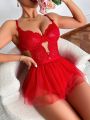 Women's Hollow Out Perspective Lace Strap Jumpsuit And Mini Mesh Skirt Valentine's Sexy Lingerie Set