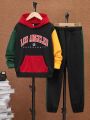 SHEIN Kids EVRYDAY Tween Boy Letter Graphic Colorblock Kangaroo Pocket Hoodie & Sweatpants