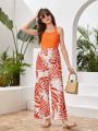 Teen Girl Tropical Print Splicing Halter Wide Leg Jumpsuit