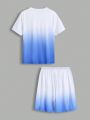 SHEIN Teen Boy Casual Gradient Digital Print T-Shirt With Pocket And Drawstring Shorts Set