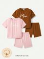 Cozy Cub Infant Girls' Letter Printed Round Neck Top And Shorts 4pcs/Set