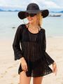 SHEIN Swim Basics Semi-Transparent Long Sleeve Hollow Out Cover Up