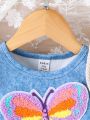 Baby Girl Imitation Denim Digital Print Small Flying Sleeves Butterfly Patch Embroidered Dress Spring And Summer Comfortable And Cute Street Sweet And Fashionable