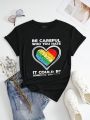 Women'S Plus Size Heart Slogan Printed Short Sleeve Regular Shoulder T-Shirt