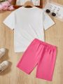 SHEIN Kids CHARMNG Girls' Casual Letter Print Short-Sleeve T-Shirt And Shorts Set