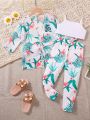 SHEIN Kids CHARMNG Little Girls' Tropical Printed Kimono Top And Wide-Leg Pants And Colorblock Cami Top 3pcs Outfit