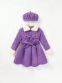 Cozy Cub Baby Girls' Plush Collar Long Sleeve Dress With Waist Belt And Hat 2pcs Set College Style