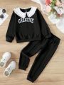 SHEIN Kids CHARMNG Toddler Girls' Casual Long Sleeve Colorblock Collar Sweatshirt And Pants Set For Fall/Winter