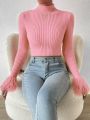 SHEIN Privé Mock Neck Fuzzy Cuff Crop Sweater