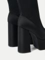 SHEIN SXY 1pair Solid Side Zipper Chunky Heeled Fashionable Boots